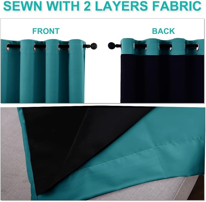 NICETOWN 100% Blackout Short Curtains with Black Liners, 2 Panels, 37" W by 40" L, Peacock Teal, Solid Thermal Insulated Full Blackout 2-Layer Lined Drapes, Energy Efficiency Window Drapes for Bedroom