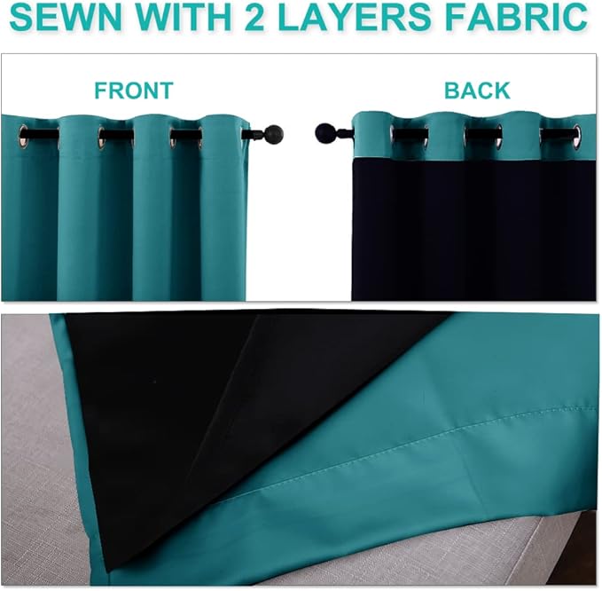 NICETOWN 100% Blackout Window Curtain Panels, Full Light Blocking Drapes with Black Liner for Nursery, 72-inch Drop Thermal Insulated Draperies (Peacock Teal, 2 Pieces, 46-inch Wide Per Panel)