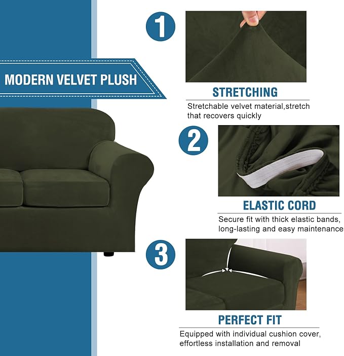 H.VERSAILTEX Modern Velvet Plush 4 Piece High Stretch Sofa Slipcover Furniture Protector Form Fit Velvet Extra Large Sofa Cover for 3 Cushion Couch Width Up to 105 Inch (XL Sofa, Olive)