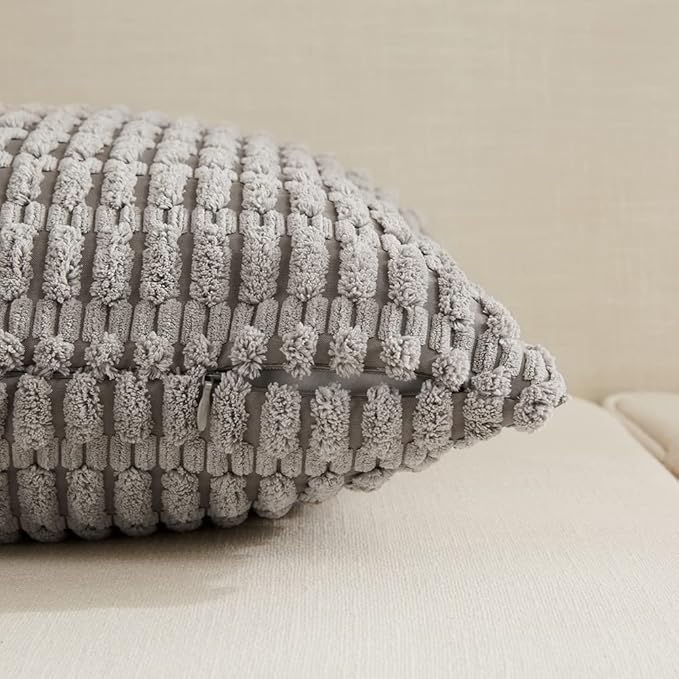 Fancy Homi 4 Packs Neutral Big Decorative Throw Pillow Covers 24x24 Inch for Living Room Couch Bed Sofa, Rustic Farmhouse Boho Home Decor, Soft Plush Striped Corduroy Square Cushion Case 60x60 cm