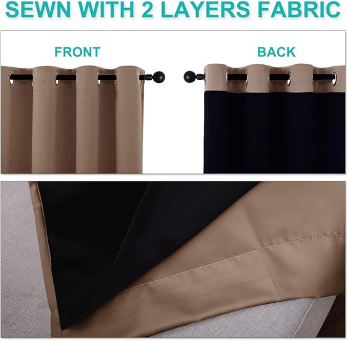NICETOWN Warm Curtains for Winter, 100% Blackout Curtains Thermal, Noise Reduction and Privacy Curtains for Patio Door, Black Lined Blackout Drapes with Grommet Top, Cappuccino, 1 Pair, W55 x L86