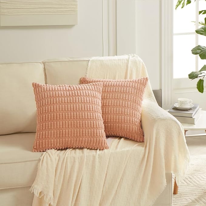 Fancy Homi 4 Packs Peach Decorative Throw Pillow Covers 20x20 Inch for Living Room Couch Bed Sofa, Modern Farmhouse Boho Home Decor, Soft Plush Corduroy Square Cute Accent Cushion Case 50x50 cm