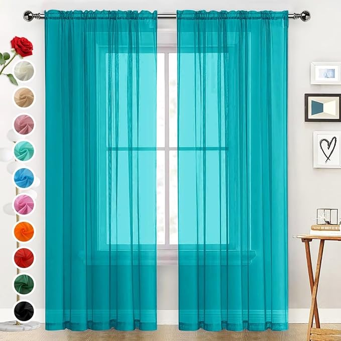 SpaceDresser Sheer Voile Window Treatment Rod Pocket Curtain Panels for Kitchen Bedroom Living Room Drapes Sunlight Filtering Privacy Semi Home Decor Assorted (Peacock Blue, 52 W x 84 L)