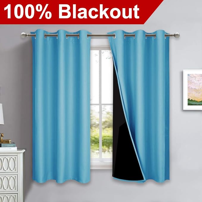 NICETOWN 100% Blackout Short Curtains with Black Liners, 2 Panels, 37" W by 50" L, Teal Blue, Solid Thermal Insulated Full Blackout 2-Layer Lined Drapes, Energy Efficiency Window Draperies for Bedroom