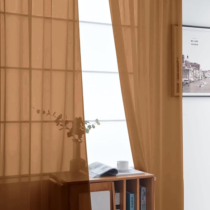 SpaceDresser Basic Rod Pocket Sheer Voile Window Curtain Panels Light Brown 1 Pair 2 Panels 52 Width 54 Inch Long for Kitchen Bedroom Children Living Room Yard（Light Brown, 52W x 54L）