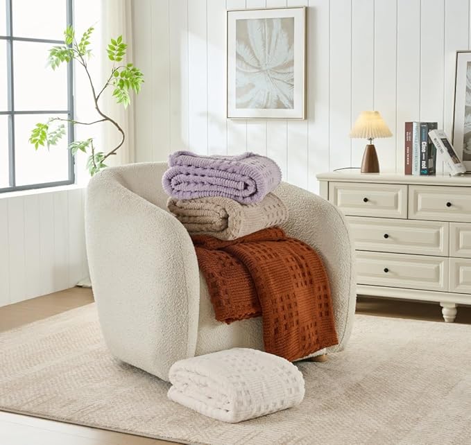50x70 Inch Waffle Beige Throw Blanket -Fluffy Fleece, Neutral Tan Color, Cute & Aesthetic, Perfect for Sofa, Couch, Chair, Bed, Living Room & Bedroom, All-Season Use, Plush & Cozy Decorative Blanket