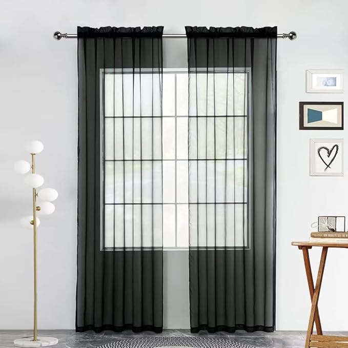 SpaceDresser Sheer Voile Window Treatment Rod Pocket Curtain Panels for Kitchen Bedroom Living Room Drapes Sunlight Filtering Privacy Semi Home Decor Assorted (Black, 52 W x 108 L)