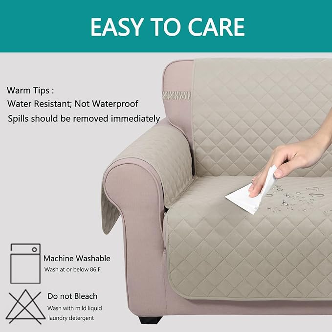 U-NICE HOME Reversible Oversized Chair Covers Quilted Water Repellent Pet Protectors with Elastic Straps(28''Armchair, Beige/Beige)