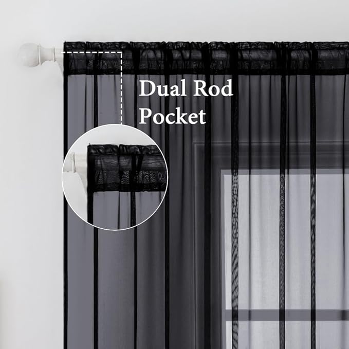 MIULEE 2 Panels Solid Color Sheer Window Curtains Elegant Halloween Window Voile Panels/Drapes/Treatment for Bedroom Living Room (54X90 Inches Black)