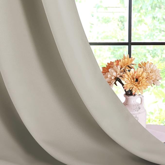 NICETOWN Kitchen Curtains, Short Curtains for Bedroom Windows, Natural, 34" W by 60" L, 1 Pair, Thermal Insulated Room Darkening Curtain Panels for Girls Room, Cafe