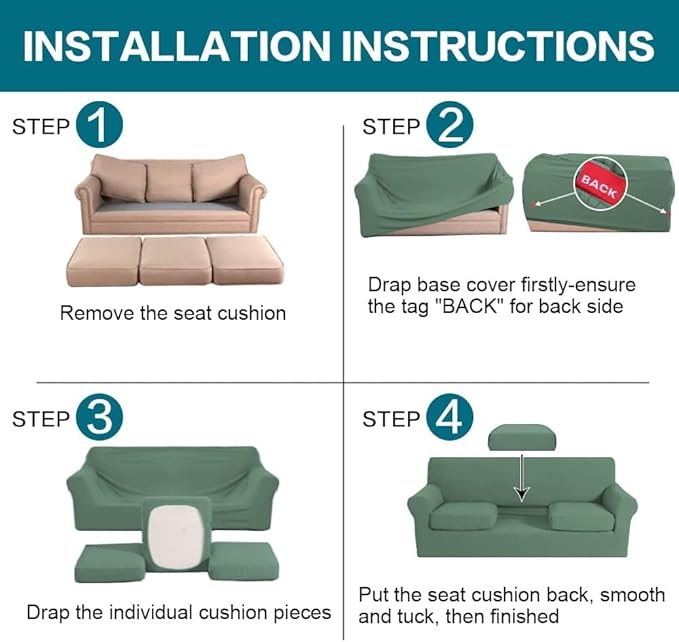 Turquoize 4 Piece Sofa Covers for 3 Cushion Couch Sofa Slipcover Soft Couch Cover for Dogs Washable Furniture Cover with 3 Individual Large Cushion Covers Feature Fabric (Large Sofa, Loden Frost)