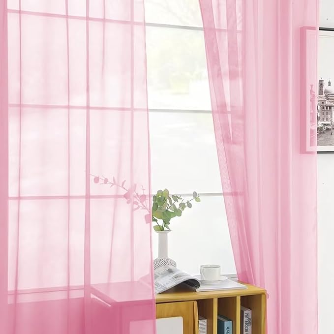 SpaceDresser Sheer Voile Window Treatment Rod Pocket Curtain Panels for Kitchen Bedroom Living Room Drapes Sunlight Filtering Privacy Semi Home Decor Assorted (Light Pink, 52 W x 108 L)