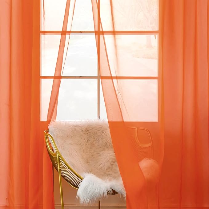 SpaceDresser Sheer Voile Window Treatment Rod Pocket Curtain Panels for Kitchen Bedroom Living Room Drapes Sunlight Filtering Privacy Semi Home Decor Assorted (Burnt Orange, 52 W x 45 L)