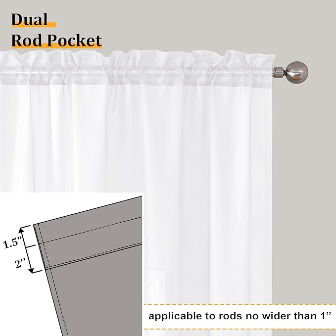 Aiyufneg White Sheer Window Valance Curtains, Light Filtering Kitchen Valances Windows Treatment, Small Voile Sheer Curtains for Living Room/Bathroom/Basement, Top Dual Rod Pocket, 2PCS