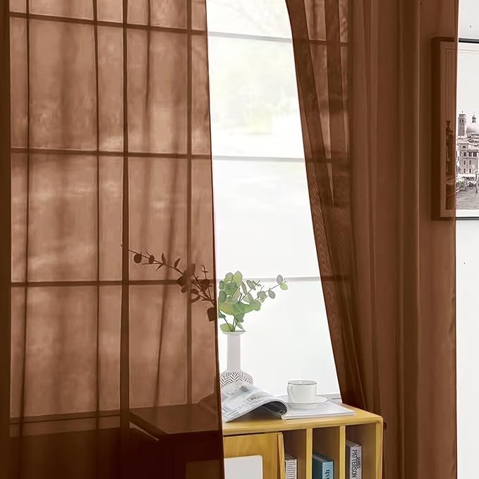 SpaceDresser Brown Sheer Curtains 4 Panels Rod Pocket Semi-Sheer Curtain 63 Inches Long Light Filtering Voile Window Drapes for Bedroom Living Room Kitchen, Each 52W x 63L