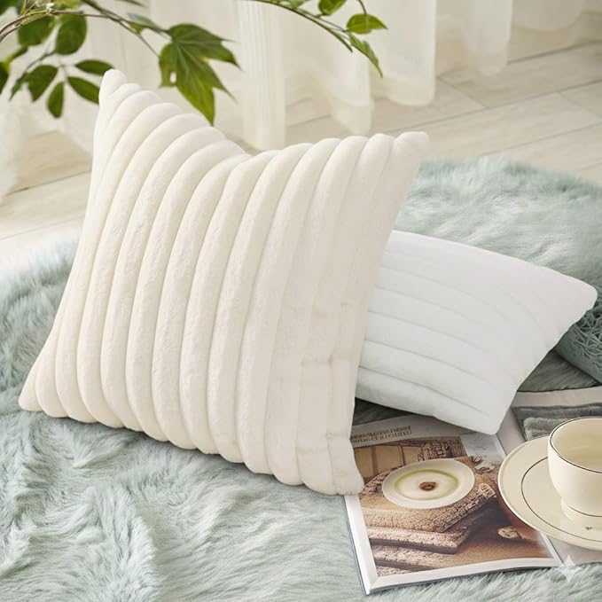decorUhome Summer Cozy Faux Fur Throw Pillow Covers 24x24 Set of 2 Decorative Plush Striped Modern Farmhouse Boho Couch Euro Sham Pillow Cases with Velvet Back for Sofa Bed Living Room, Cream White