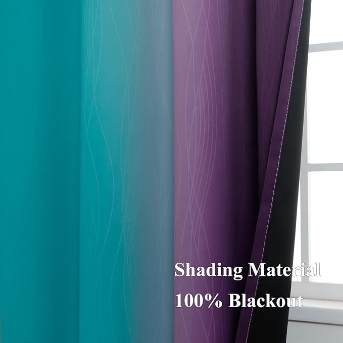 Estelar Textiler Ombre Purple Blackout Curtains 96 Inches Long, Teal Curtains for Living Room, Grommet Thermal Insulated Gradient Drapes, Full Light Blocking Curtains for Bedroom,52x96 Inch, 2 Panels