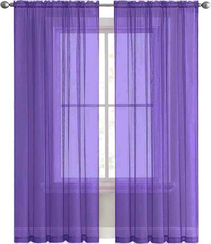 SpaceDresser Sheer Voile Window Treatment Rod Pocket Curtain Panels for Kitchen Bedroom Living Room Drapes Sunlight Filtering Privacy Semi Home Decor Assorted (Purple, 52 W x 96 L)