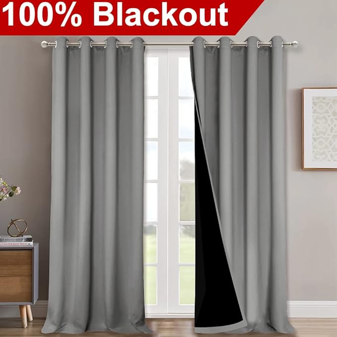 NICETOWN 100% Blackout Blinds, Set of 2, 46" x 102", Silver Grey, Laundry Room Decor Window Treatment Curtains for Large Patio Sliding Door, Thermal Insulated Curtains for Bedroom