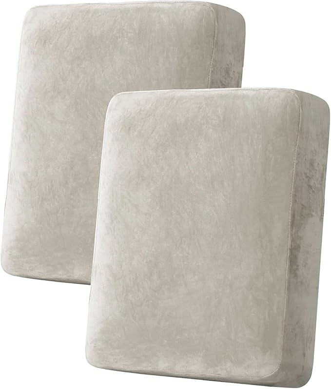 H.VERSAILTEX Velvet Stretch Couch Cushion Cover Plush Cushion Slipcover for Loveseat Cushion Furniture Protector Seat Cushion Sofa Cover (2 Piece Medium Sofa Cushion Covers, Oatmeal)