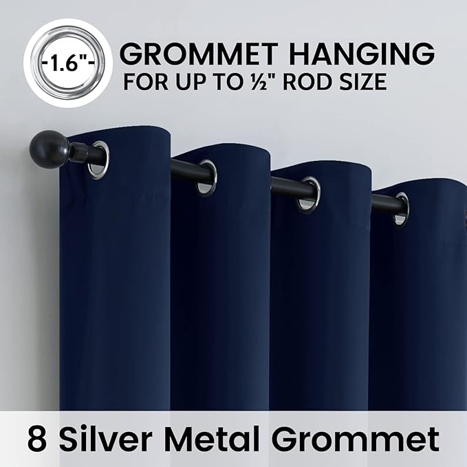 SimpleHome 100% Blackout Curtains for Bedroom,Thermal Insulated Grommet Window Drapes Room Darkening Navy Blue Curtains for Living Room with Black Back,52 x 63 Inch,2 Panels