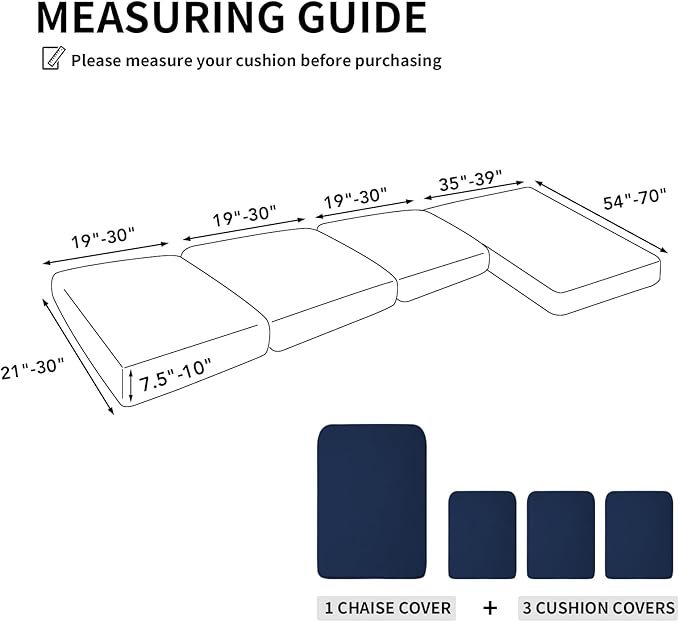 Easy-Going Stretch 4 Pieces Couch Cushion Covers for Sectional Sofa Left/Right L Shape Chaise Lounge Sofa Seat slipcover Anti-Slip Sofa Cover Soft (3 Seater + 1 Chaise, Navy)