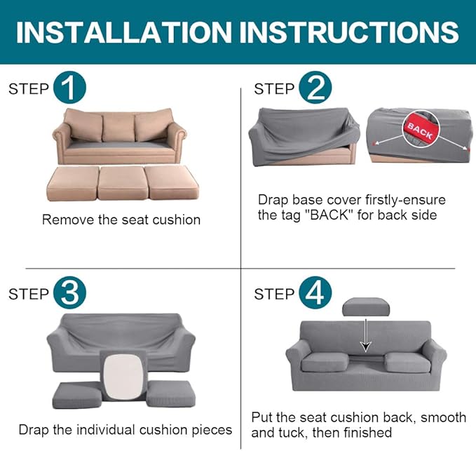 Turquoize 4 Piece Sofa Covers for 3 Cushion Couch Sofa Slipcover Soft Couch Cover for Dogs-Washable Sofa Furniture Covers with 3 Individual Cushion Covers, Feature Jacquard Fabric(Dove)
