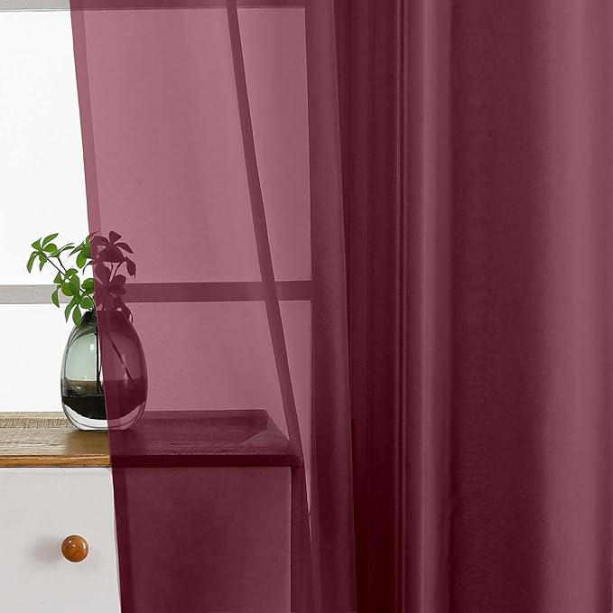 Burgundy Window Sheer Curtains 54 inch Length, Soft Airy Light Filtering Sheer Curtain 2 Panels, Dual Rod Pocket Gauze Drapes for Living Room Christmas Decoration, 2x42Wx54L Inches
