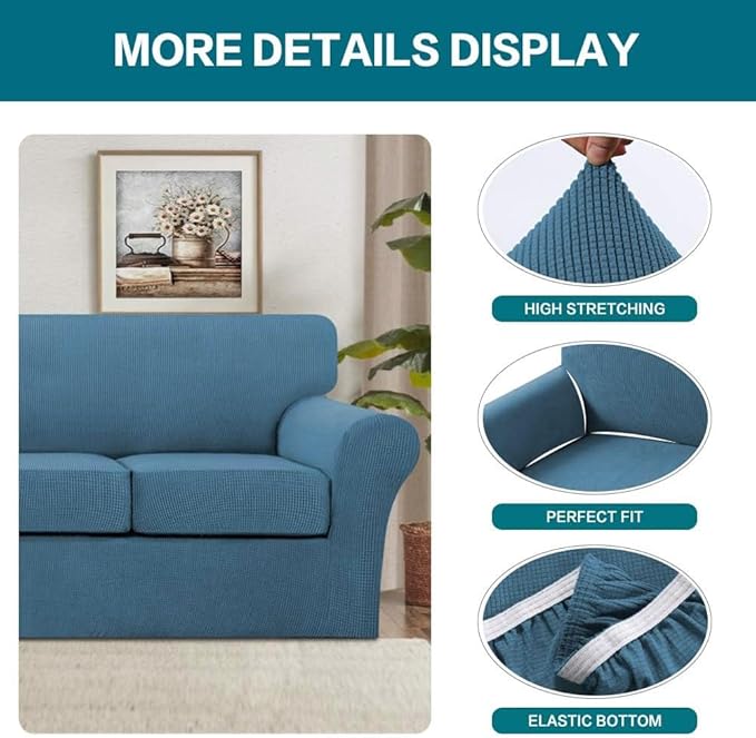 Turquoize 3 Piece Sofa Covers for 2 Cushion Couch Sofa Slipcover Soft Couch Cover for Dogs-Washable Sofa Furniture Covers with 2 Individual Cushion Covers, Thick Fabric (2 Cushion Sofa, Dusty Blue)