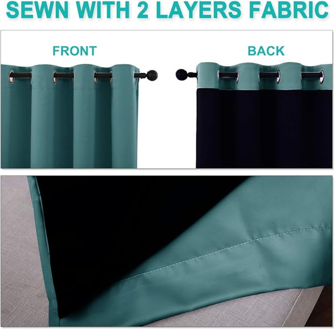 NICETOWN 100% Blackout Curtains 54 inches Long, Sea Teal, 1 Pair, 42 inches Width Each Panel, Double-Deck Completely Blackout Window Treatment Thermal Insulated Lined Drapes for Small Window