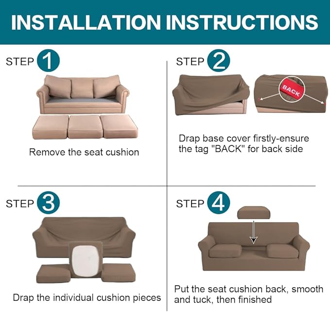 Turquoize 4 Piece Sofa Covers for 3 Cushion Couch Sofa Slipcover Soft Couch Cover for Dogs Washable Furniture Cover with 3 Individual Large Cushion Covers Feature Fabric (Large Sofa, Macchiato)