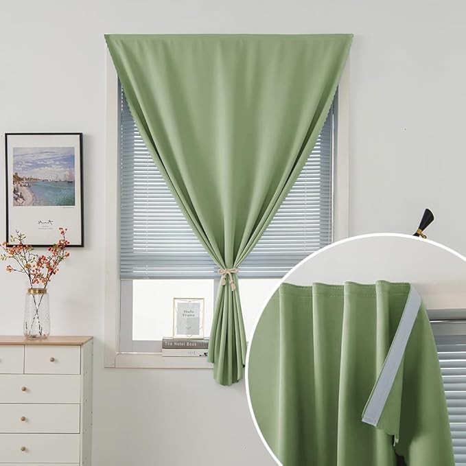 Magic Tape Blackout Curtains for Bedroom No Drillng Self Adhesive Curtains No Rod Small Window, 35" W X 71" L, Sage Green, 1 Panel