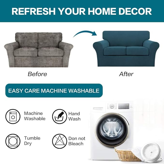 Turquoize 3 Piece Sofa Covers for 2 Cushion Couch Sofa Slipcover Soft Couch Cover for Dogs-Washable Sofa Furniture Covers with 2 Individual Cushion Covers, Feature Fabric (2 Cushion Sofa, Deep Teal)