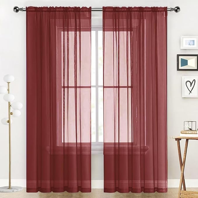 SpaceDresser Basic Rod Pocket Sheer Voile Window Curtain Panels Burgundy 1 Pair 2 Panels 52 Width 108 Inch Long for Kitchen Bedroom Children Living Room Yard(Burgundy,52 W x 108 L)