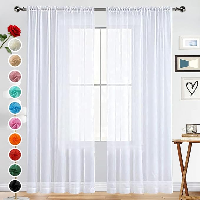 SpaceDresser Sheer Voile Window Treatment Rod Pocket Curtain Panels for Kitchen Bedroom Living Room Drapes Sunlight Filtering Privacy Semi Home Decor Assorted (White, 52 W x 118 L)