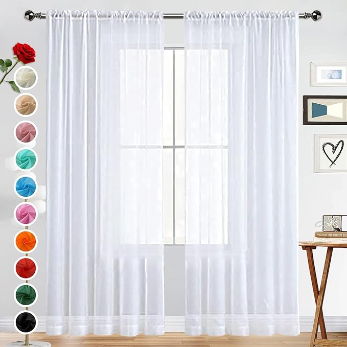 SpaceDresser Sheer Voile Window Treatment Rod Pocket Curtain Panels for Kitchen Bedroom Living Room Drapes Sunlight Filtering Privacy Semi Home Decor Assorted (White, 52 W x 128 L)