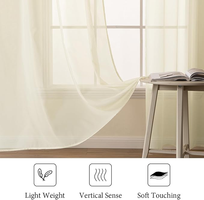 MIULEE 2 Panels Solid Color Light Cream Sheer Window Curtains Elegant Window Voile Panels/Drapes/Treatment for Bedroom Living Room (54X108 Inches Light Cream)