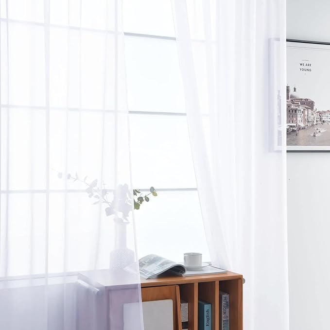 SpaceDresser Sheer Voile Window Treatment Rod Pocket Curtain Panels for Kitchen Bedroom Living Room Drapes Sunlight Filtering Privacy Semi Home Decor Assorted Colors Sizes (Optical White, 52 W x 45 L)