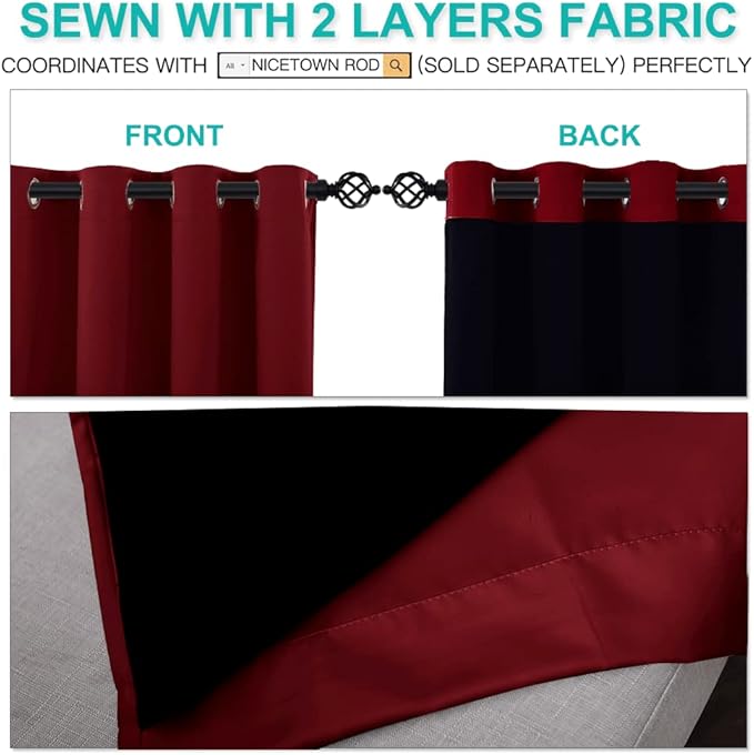 NICETOWN Kitchen Full Blackout Curtain Panels, Super Thick and Soft Insulated Window Covers, 100% Blackout Draperies with Black Backing for Cafe Window (Burgundy Red, Set of 2 PCs, 52 by 54-inch)