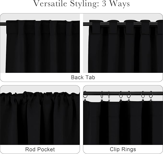 Pony Dance Small Blackout Curtains for Kitchen Drapes Set - Nursery Short Drapes Panels Window Treatments Light Blocking Curtains for Bathroom, 42 Wide by 40 Inches Long, Black, 2 Panels