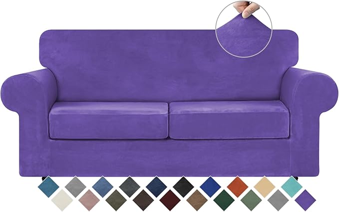 WEERRW Velvet Couch Covers for 2 Cushion Couch Sofa - High Stretch Luxury Velvet Plush 3 Pieces Sofa Slipcovers with Elastic Bottom, Furniture Protector for Pets, Machine Washable, Purple, Medium