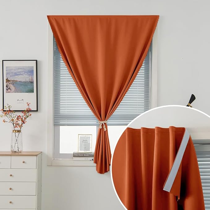 Self Adhesive Curtains Portable Blackout Curtain Simple and Easy to Install Bedroom Window Thermal Lnsulated Kitchen Room Darkening Black Small Drapes, 59" W X 96" L, Orange, 1 Panel