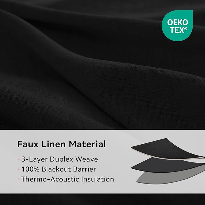100% Blackout Shield Linen Blackout Curtains for Bedroom, Black Grommet Curtains for Living Room, Thermal Insulated Room Darkening Drapes for Nursery, Boho Home Decor, 50" W x 72" L, 2 Panels