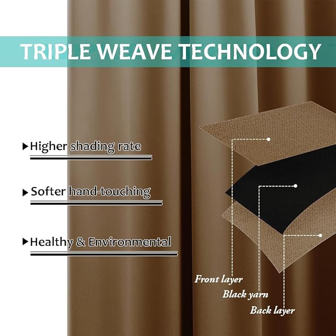 NICETOWN Full Shading Curtains for Windows, Gold Brown, Pack of 2, 52 inches W x 95 inches L, Super Heavy-Duty Black Lined Blackout Curtains for Bedroom, Privacy Assured Window Treatment