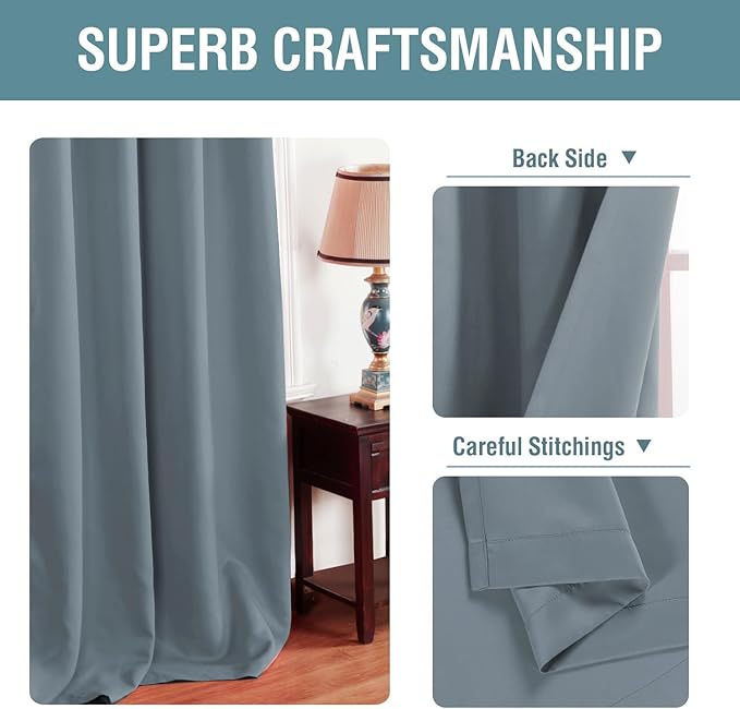 H.VERSAILTEX Blue Curtains/Drapes Blackout for Bedroom Room Darkening Thermal Curtains for Living Room Noise Reducing Sound Proof Solid Grommet Curtain (One Panel, Stone Blue, 52" W x 102" L)
