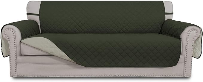Easy-Going Reversible Oversized Couch Cover for 3 Cushion Couch Sofa Cover for Dogs Water Resistant Furniture Protector Cover with Foam Sticks for Pet (Oversized Sofa, Army Green/Beige)