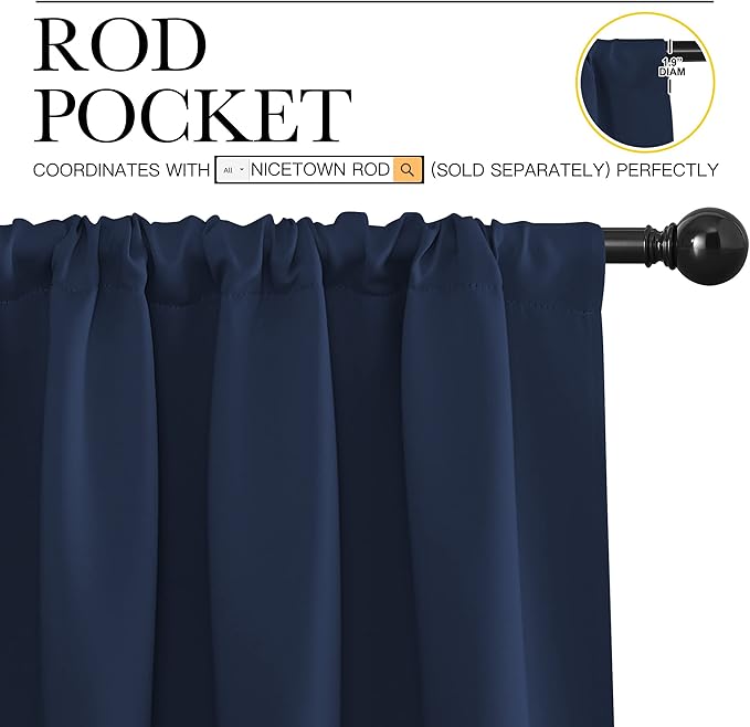 NICETOWN Bedroom Curtains Blackout Draperies - All Season Thermal Insulated Solid Rod Pocket Top Blackout Curtains/Drapes for Kid's Room (Navy, 1 Pair, 42 x 63 Inch)