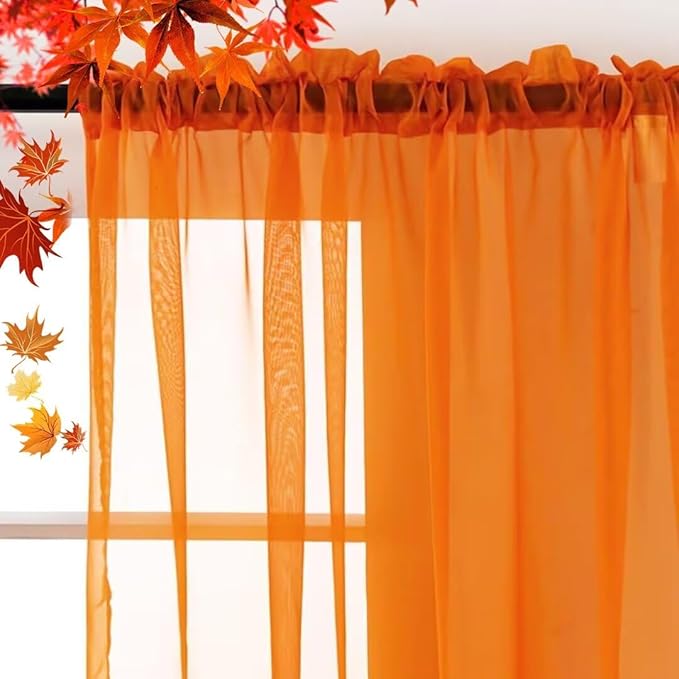 SpaceDresser Basic Rod Pocket Sheer Voile Window Curtain Panels White 1 Pair 2 Panels 70 Width 63 Inch Long for Kitchen Bedroom Children Living Room Yard(Orange,70 W x 63 L)
