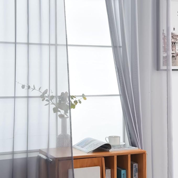 SpaceDresser Grey Sheer Curtains 4 Panels Rod Pocket Semi-Sheer Curtain 45 Inches Long Light Filtering Voile Window Drapes for Bedroom Living Room Kitchen, Each 52W x 45L