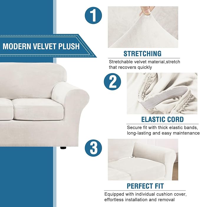 H.VERSAILTEX High Stretch Sofa Slipcover 4 Piece Cover Velvet Furniture Protector Form Fit Thick Velvet Extra Large Sofa Cover for 3 Cushion Couch Width Up to 97 Inch (Large Sofa, Porcelain White)